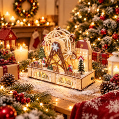 Salcar LED Weihnachtsdorf aus Holz mit Riesenrad – 27,5 cm, 12 LEDs, Batteriebetrieben, Rot & Weiß