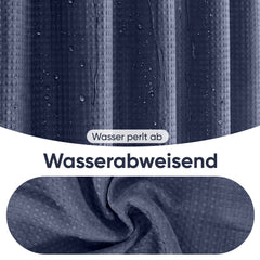 Sekey Dunkelblau Duschvorhang 180 × 200 cm, Textil Badewannenvorhang mit Waffelstruktur, Wasserabweisend & Waschbar, 100 % Polyester, mit Beschwerungsband & 12 Edelstahlringen