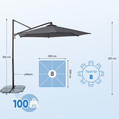 Sekey Ampelschirm 300 cm – Aluminium Sonnenschirm mit 360° Drehung, Neigefunktion, UV50+ Schutz Sekey