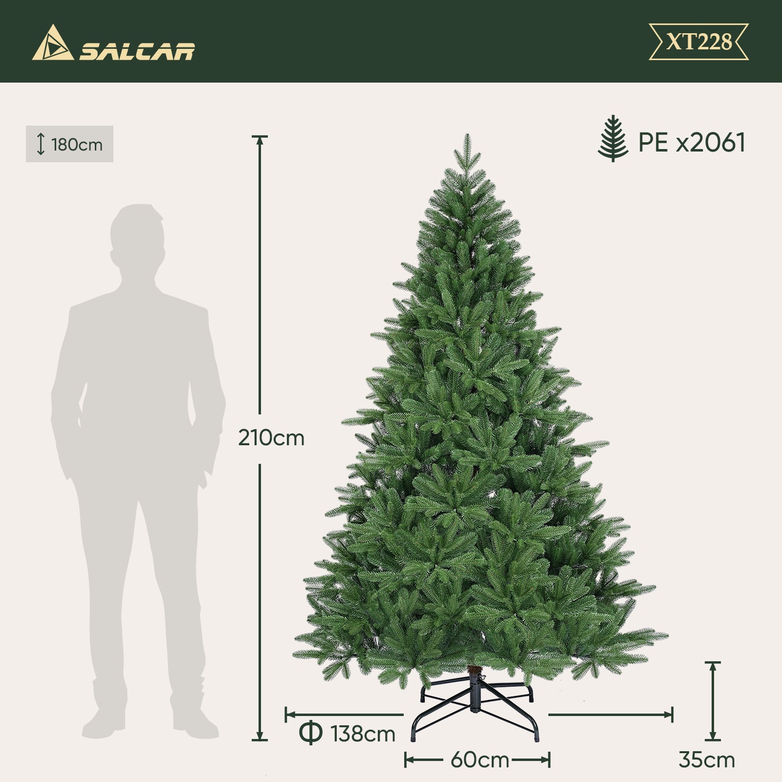 SALCAR Premium Künstlicher Weihnachtsbaum 150cm/180cm/210cm – Nordmanntanne aus 100 % PE, naturgrün, form- & farbstabil, geruchlos, nadelfrei