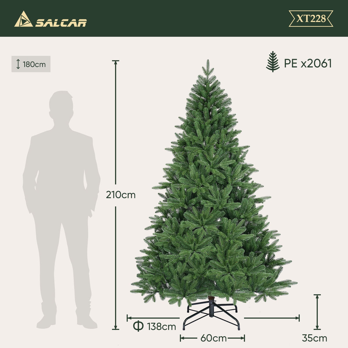 Salcar Premium Künstlicher Weihnachtsbaum 150cm/180cm/210cm – Nordmanntanne aus 100 % PE, naturgrün, form- & farbstabil, geruchlos, nadelfrei Salcar