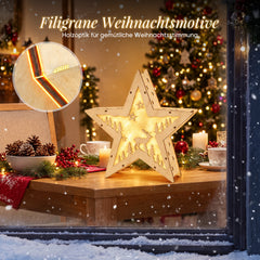 Salcar LED Weihnachtsstern aus Holz – 30 cm, 10 LEDs, Warmweiß, Glitzereffekt, Batteriebetrieb