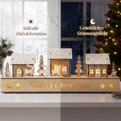 Salcar LED Schwibbogen aus Holz – 43 cm 3D Weihnachtsdorf, 8 LEDs, Batteriebetrieben, Naturholzoptik