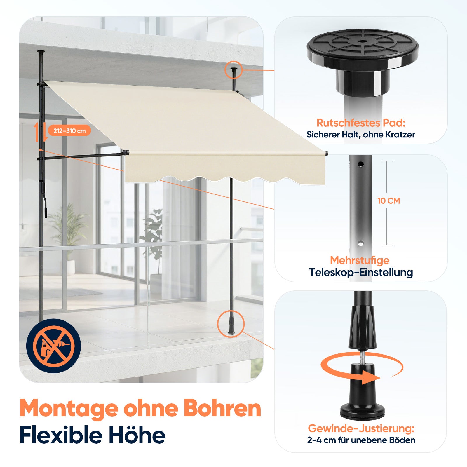 markise balkon 350 cm Sekey Klemmmarkise ohne Bohren Beige (200–350 cm Breite), 130 cm Ausfa – sekeymall