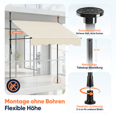 Sekey Klemmmarkise ohne Bohren Beige (200–350 cm Breite), 130 cm Ausfall, 0–90° verstellbar, wasserdicht & UV-Schutz (UPF 50+), Balkon Markise mit Handkurbel für Terrasse & Garten