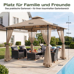 Sekey garden gazebo 3x3 m, garden tent with mosquito net, breathable double roof 160g/㎡ polyester