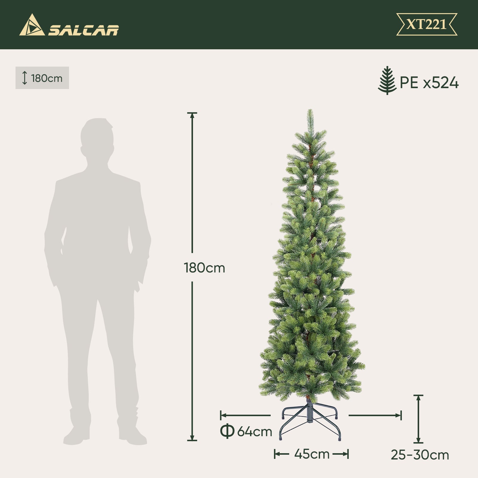SALCAR Schmaler Künstlicher Weihnachtsbaum 120/150/180/210 cm | Slim Nordmanntanne aus PE, Platzsparend, Realistisch, Wiederverwendbar, Mit Metallständer