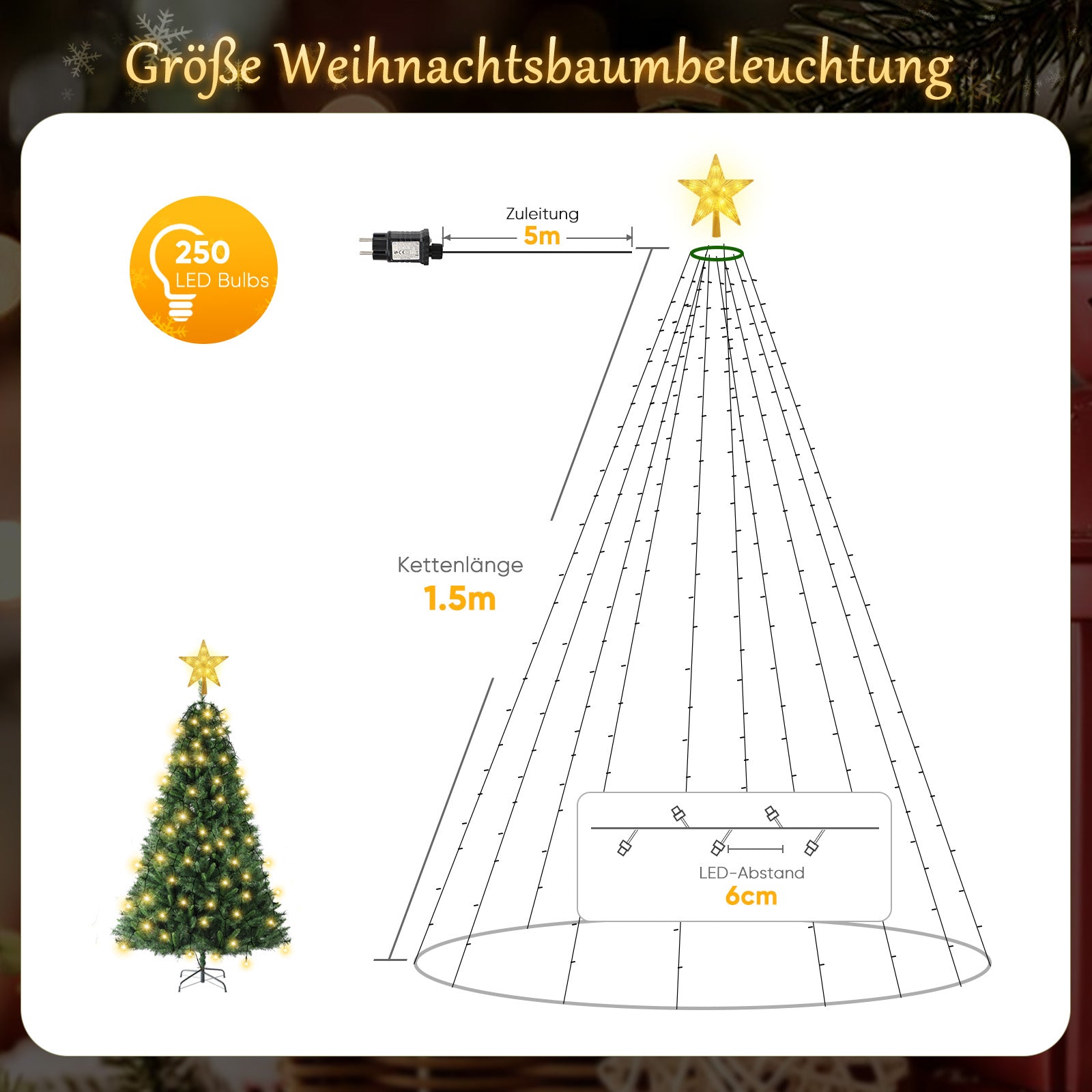 SALCAR Weihnachtsbaum Lichterkette mit Sternspitze & Fernbedienung – 1,5 m (260 LED), 2 m (430 LED) oder 3 m (500 LED) Überwurf Lichterkette, Warmweiß, 8 Modi, Timer, Innen & Außen