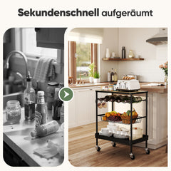 Sekey Serving Trolley with Wheels – Bar Trolley &amp; Kitchen Trolley with MDF Top, Wine Glass Holder, Hooks &amp; Drawer Basket, 360° Wheels, Handle, Rustproof – Black