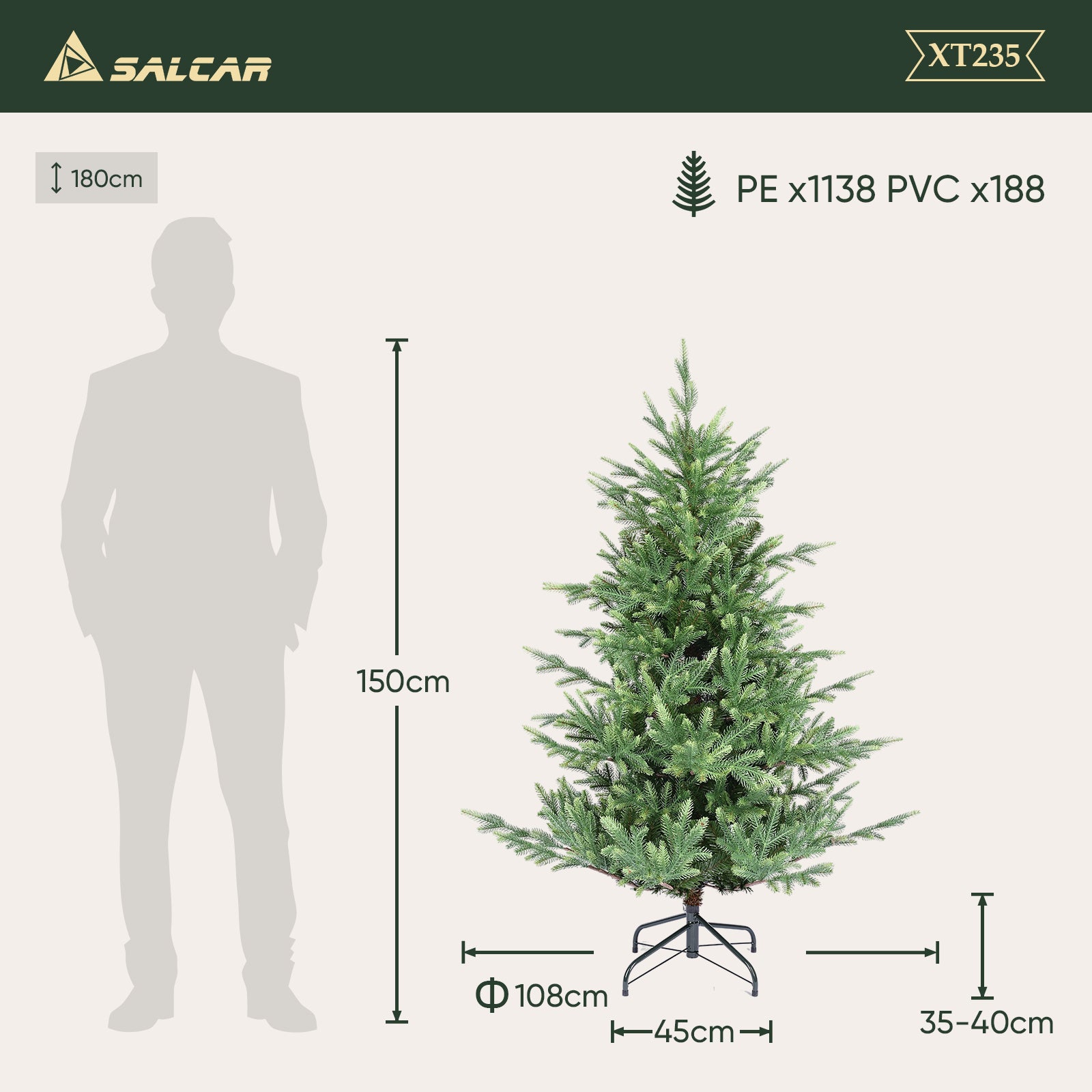 SALCAR Künstlicher Weihnachtsbaum 150/180/210 cm, 90 % PE Spritzguss Premium Tannenbaum, naturgetreuer Christbaum mit Metallständer & Handschuhen – Dicht, Klappbar & Wiederverwendbar
