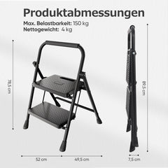 Sekey Klappbare Trittleiter 2/3/4 Stufen – Stahlrahmen, rutschfeste Trittflächen, TÜV & SGS geprüft, bis 150 kg belastbar, Schwarz
