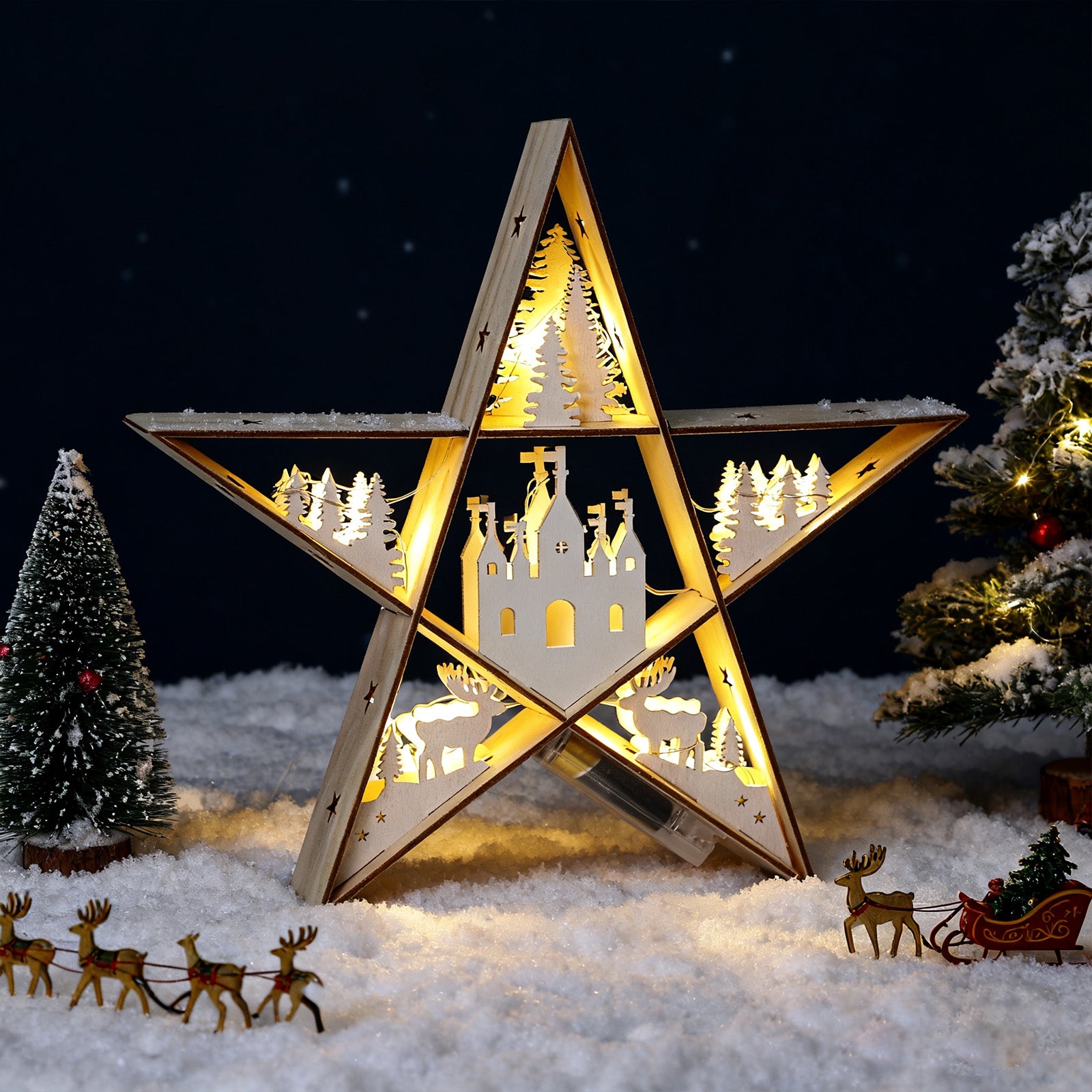 SALCAR LED Stern aus Holz 30 cm – Warmweiß leuchtende Weihnachtsdeko Tischlampe, Batteriebetrieben, Winter- & Adventsdekoration für Tisch & Fenster