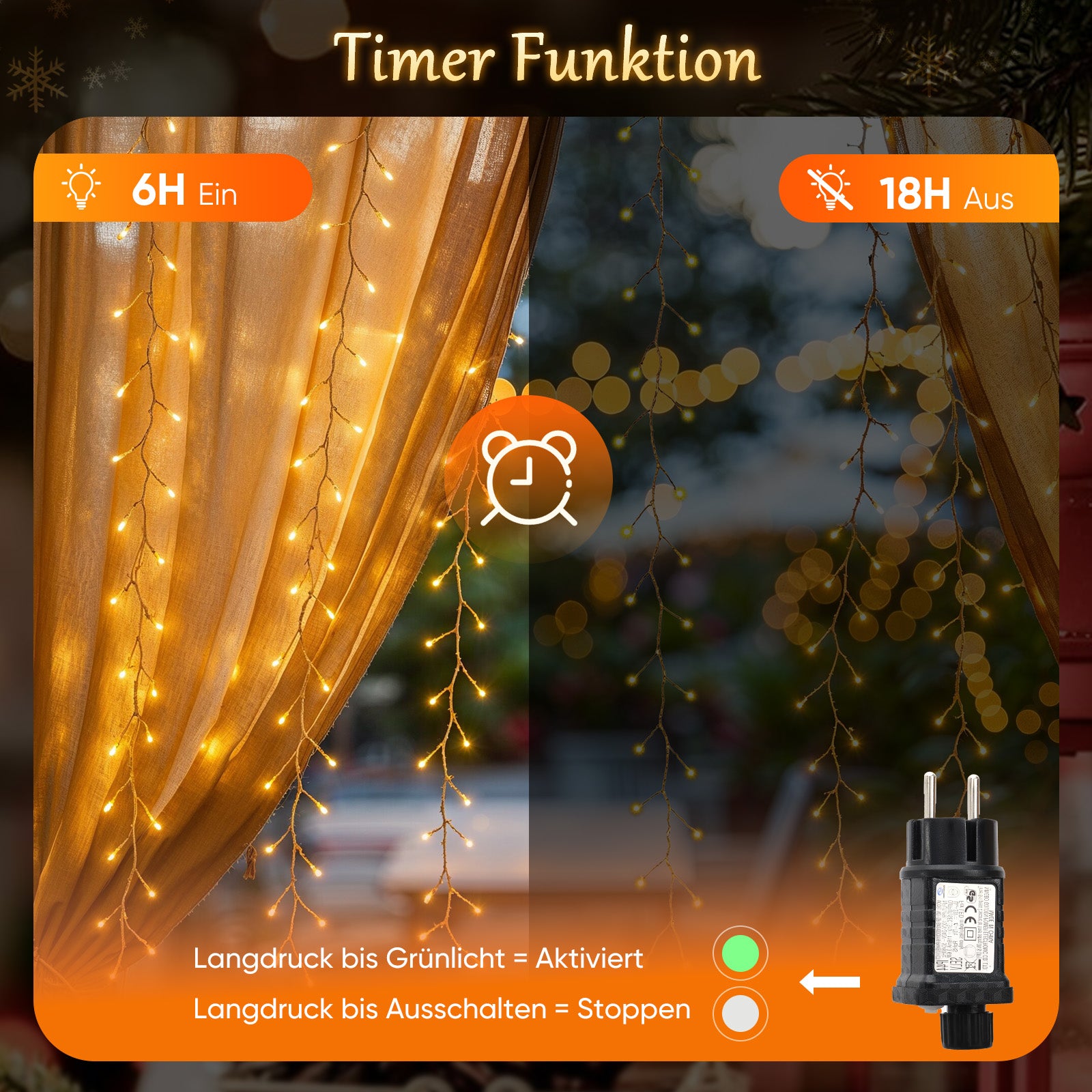 SALCAR LED-Lichtervorhang 300er Eisregen 3x1 m, 8 Modi & Timer, Warmweiß, IP44, Innen- & Außenbeleuchtung für Weihnachten & Party