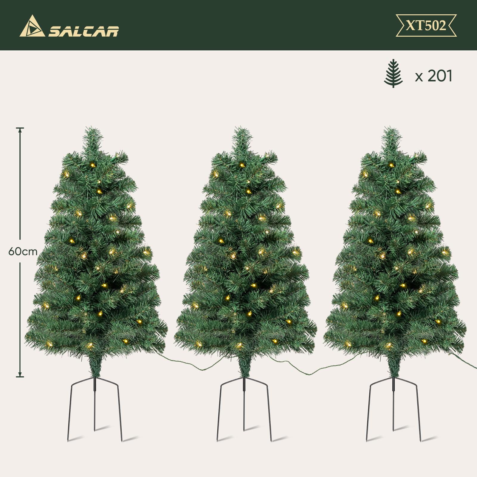 SALCAR 3er-Set Künstlicher Weihnachtsbaum 60 cm mit warmweißer LED-Beleuchtung – PVC Tannenzweige mit Erdspieß, Außenbereich & Gartendeko mit Fernbedienung & Timer