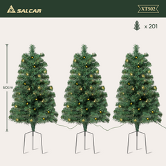 Salcar 3er-Set Künstlicher Weihnachtsbaum 60 cm mit warmweißer LED-Beleuchtung – PVC Tannenzweige mit Erdspieß, Außenbereich & Gartendeko mit Fernbedienung & Timer