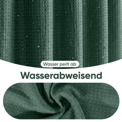 Sekey Dunkelgrün Duschvorhang 180 × 200 cm, Textil Badewannenvorhang mit Waffelstruktur, Wasserabweisend & Waschbar, 100 % Polyester, mit Beschwerungsband & 12 Edelstahlringen