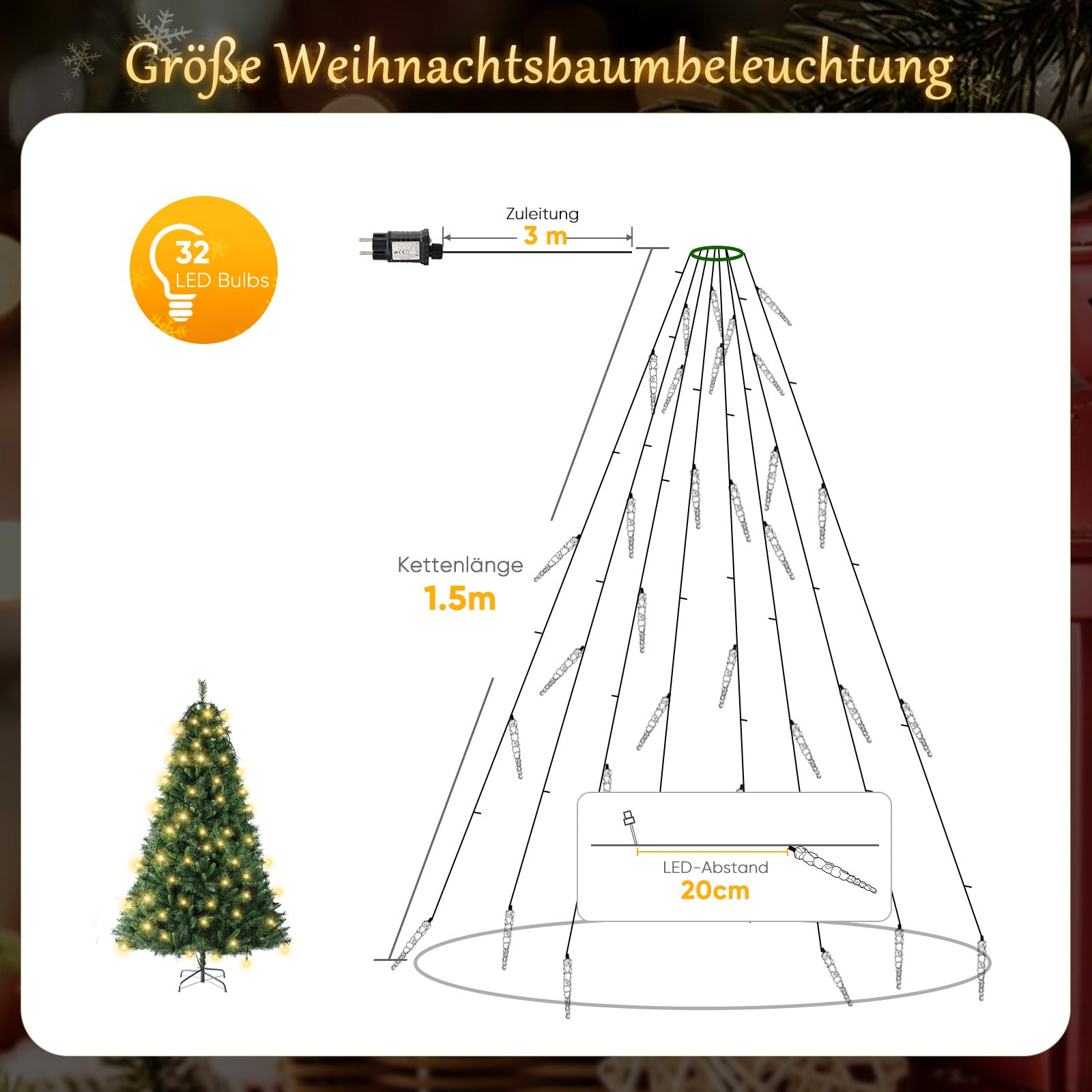 SALCAR LED Lichterkette Weihnachtsbaum mit funkelnden Eiszapfen – Warm- & Kaltweiß, 11 Modi, Timer & Fernbedienung, IP44 wassergeschützt für Innen & Außen