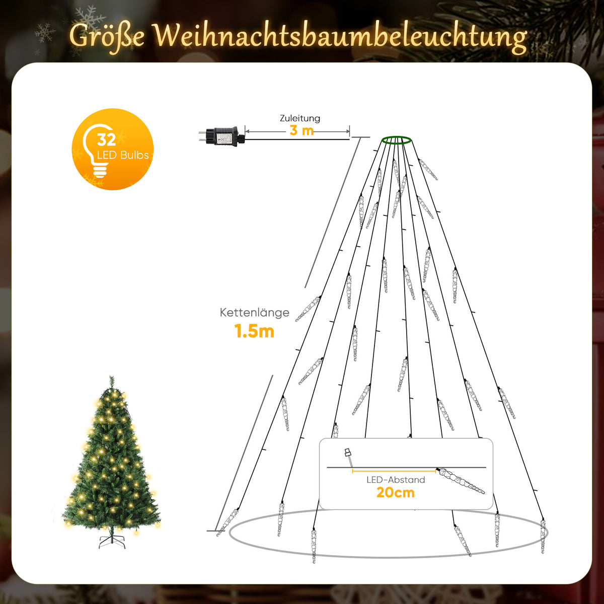 SALCAR LED Lichterkette Weihnachtsbaum mit funkelnden Eiszapfen – Warm- & Kaltweiß, 11 Modi, Timer & Fernbedienung, IP44 wassergeschützt für Innen & Außen