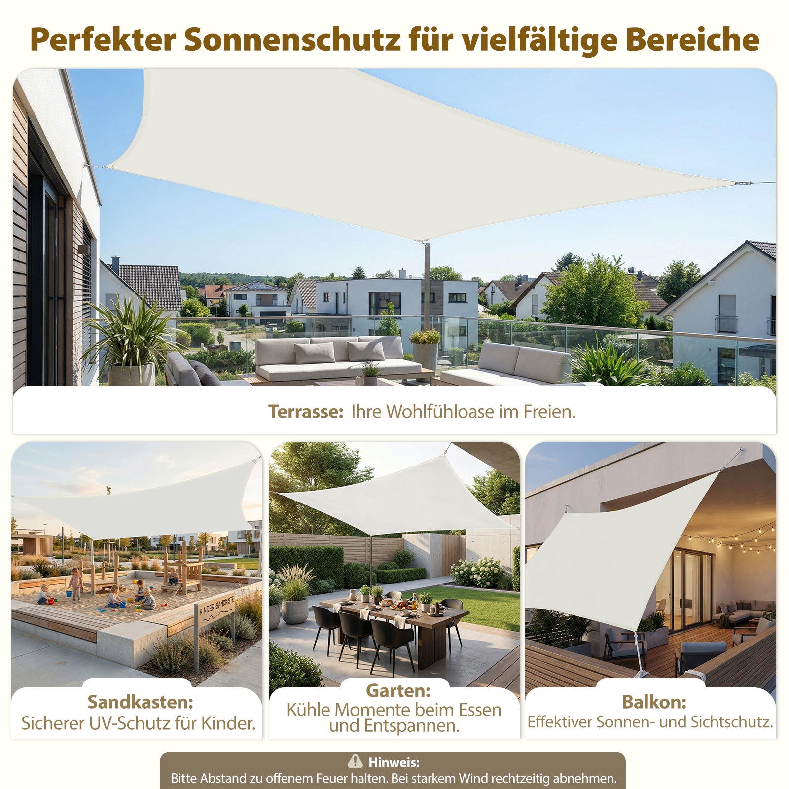 Sekey Sonnensegel Wasserdicht Rechteckig – ohne Mittelnaht, 160 g/m² PES, mit Edelstahl-Ringen & Lotus-Effekt, reißfest, 95% UV-Schutz für Balkon,