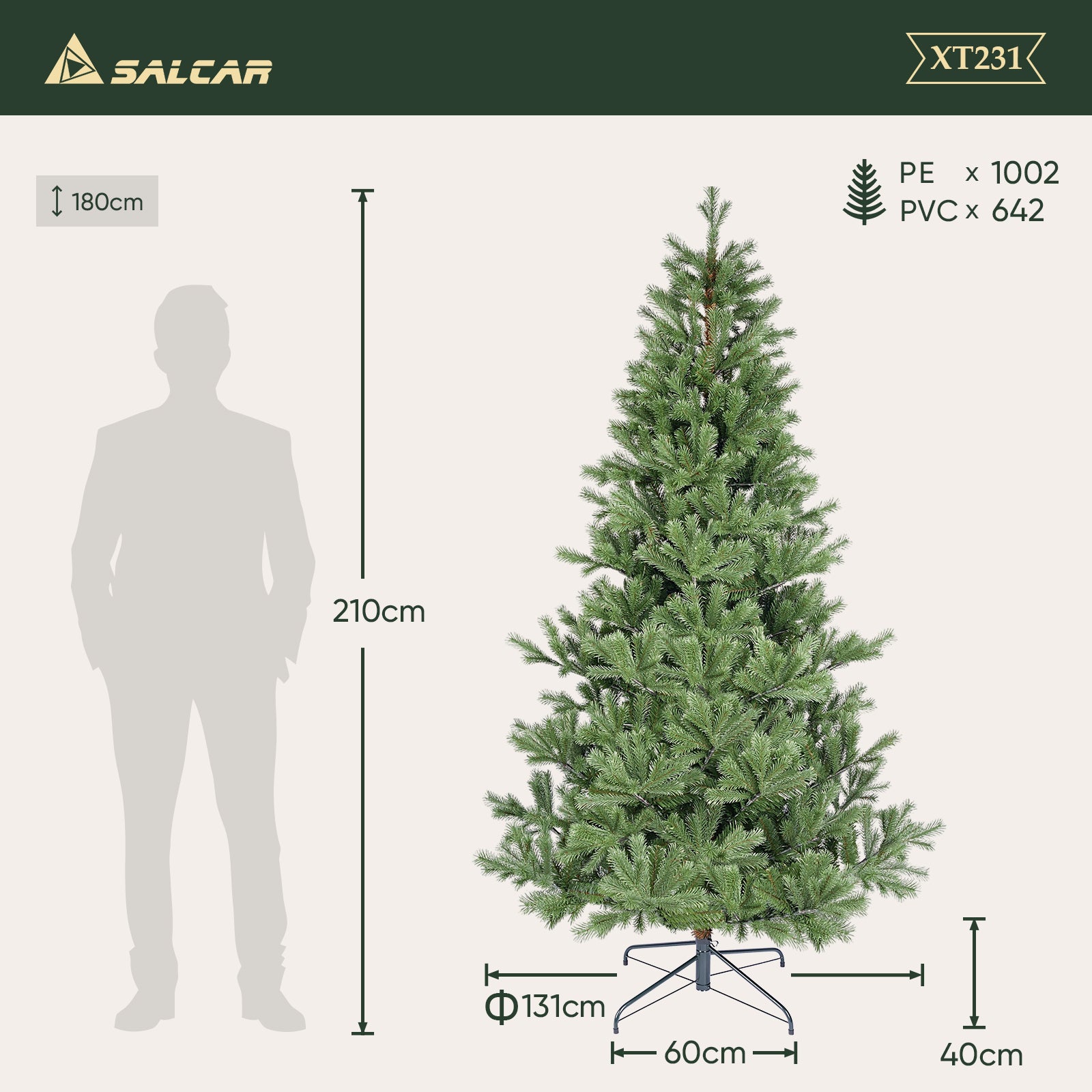 SALCAR Künstlicher Weihnachtsbaum 150/180/210 cm aus 90 % PE Spritzguss, Premium Nordmanntanne, realistischer Christbaum mit stabilem Metallständer & Schnellaufbau-Klappsystem