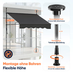 Sekey Klemmmarkise ohne Bohren in 150–350 cm Breite, 130 cm Ausfall, 0–90° verstellbar, wasserdicht & UV-Schutz (UPF 50+), Balkon Markise mit Handkurbel für Balkon, Terrasse & Garten, Anthrazit
