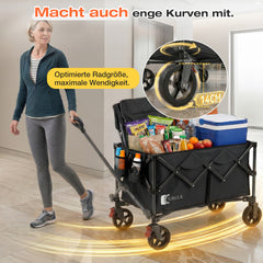 SUNULA Foldable Wagon 120 kg – 150L Handcart with Off-Road Wheels, Brakes &amp; One-Hand Handle