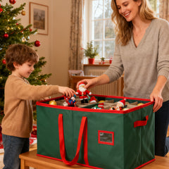 SALCAR Grüne Aufbewahrungsbox für 128 Weihnachtskugeln – Faltbare Christbaumkugel-Box 64,8×32,3×34,2 cm mit 128 Fächern, Tragegriffen & Doppelreißverschluss