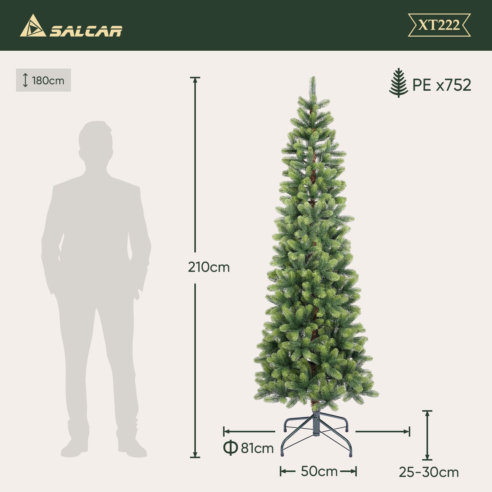 SALCAR Schmaler Künstlicher Weihnachtsbaum 120/150/180/210 cm | Slim Nordmanntanne aus PE, Platzsparend, Realistisch, Wiederverwendbar, Mit Metallständer