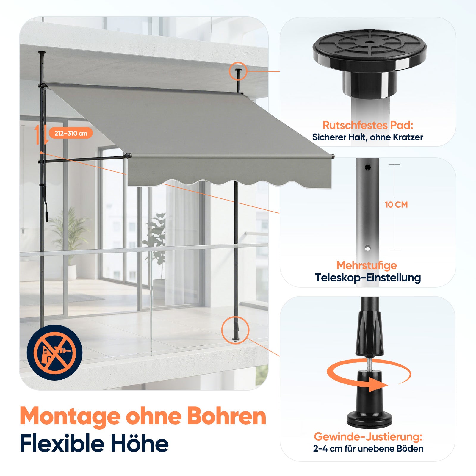 Sekey Klemmmarkise ohne Bohren Grau (150–350 cm Breite), 130 cm Ausfall, 0–90° verstellbar, wasserdicht & UV-Schutz (UPF 50+), Balkon Markise mit