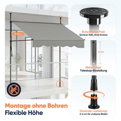 Sekey Klemmmarkise ohne Bohren Grau (150–350 cm Breite), 130 cm Ausfall, 0–90° verstellbar, wasserdicht & UV-Schutz (UPF 50+), Balkon Markise mit Handkurbel für Balkon, Terrasse & Garten