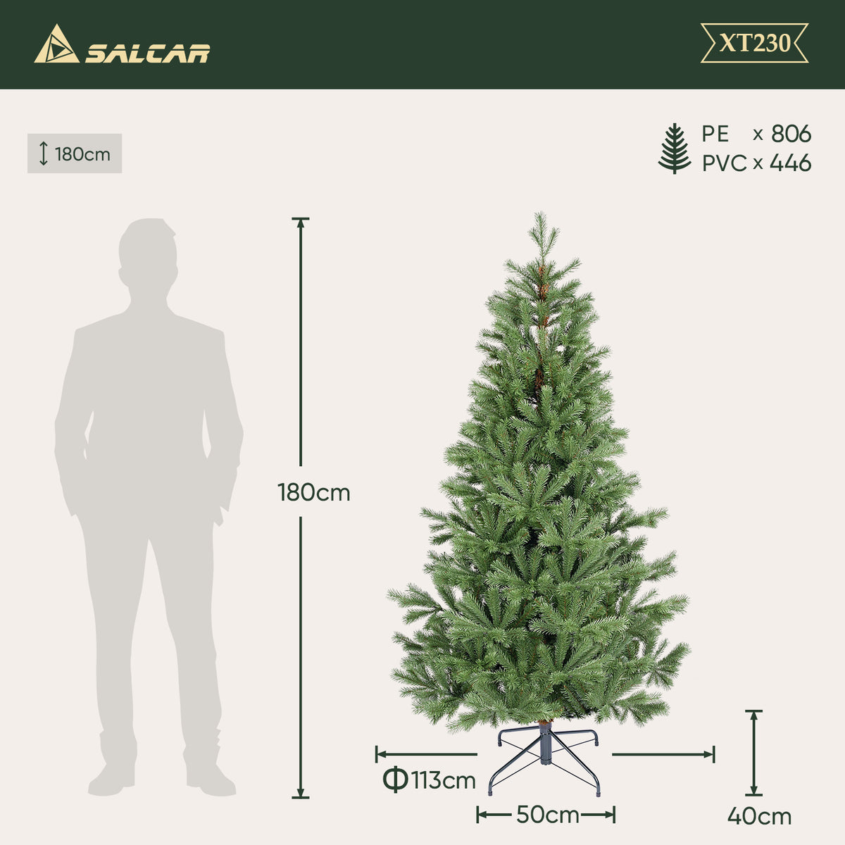 SALCAR Artificial Christmas Tree 150/180/210 cm made of 90% PE injection molding, premium Nordmann fir, realistic Christmas tree with stable metal stand &amp; quick assembly folding system