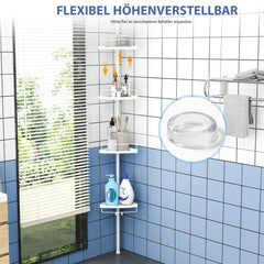 Sekey Duschregal Ohne Bohren Weiß – Höhenverstellbares Eck-Duschregal 79–315 cm mit 4 Kunststoff-Körben, Stabiles Teleskop-Dusch-Organizer für Badezimmer