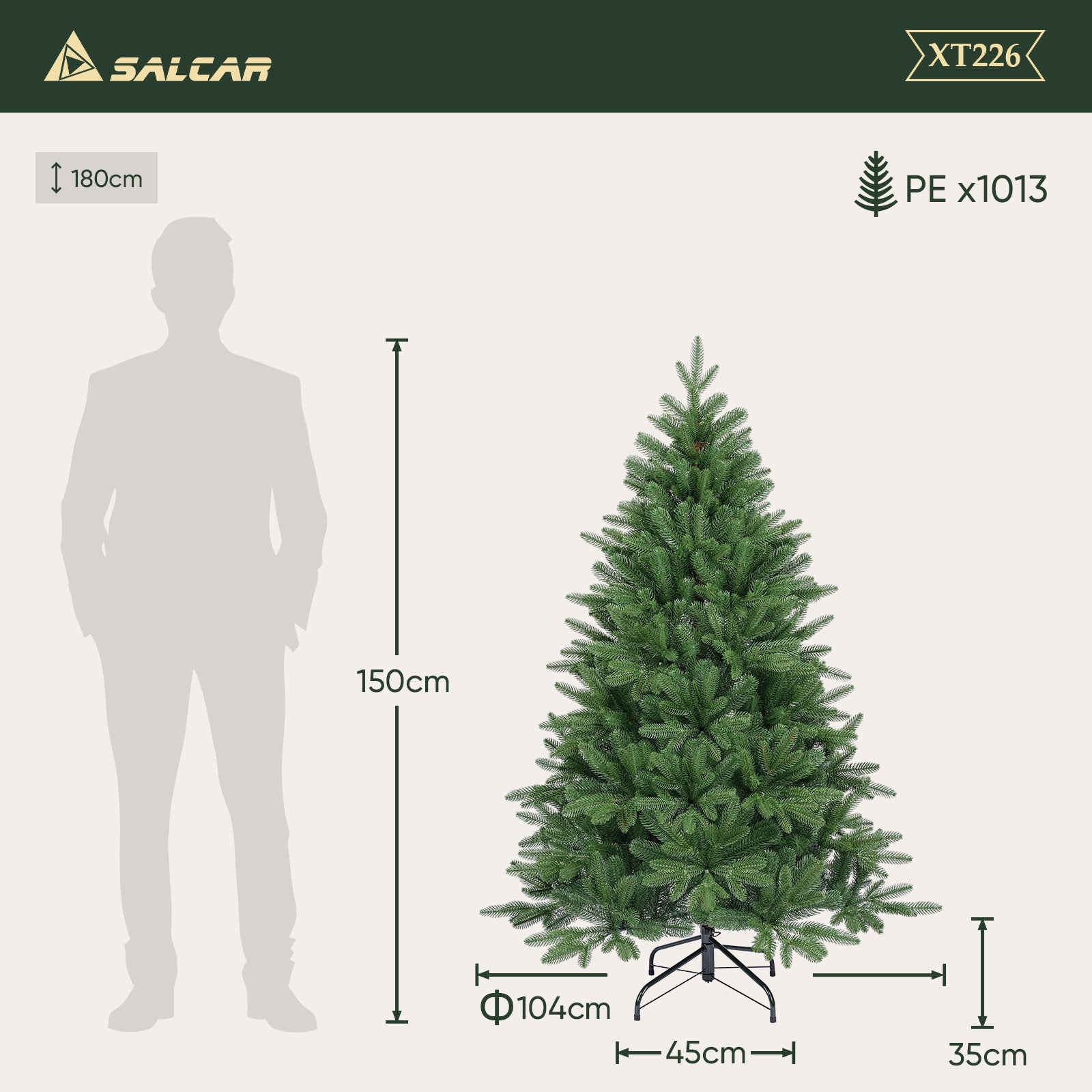 SALCAR Premium Künstlicher Weihnachtsbaum 150cm/180cm/210cm – Nordmanntanne aus 100 % PE, naturgrün, form- & farbstabil, geruchlos, nadelfrei