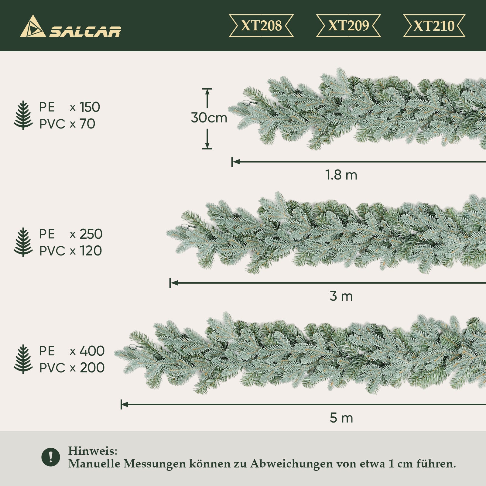 SALCAR Premium Künstliche Weihnachtsgirlande, graugrün, naturgetreue Tannengirlande für Tür, Fenster & Balkon, Weihnachtsdeko für Innen und Außen (1,8 m / 3 m / 5 m)