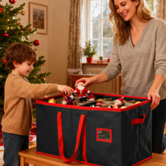 Salcar Schwarze Aufbewahrungsbox für 128 Weihnachtskugeln – Faltbare Christbaumkugel-Box 64,8×32,3×34,2 cm mit 128 Fächern, Tragegriffen & Doppelreißverschluss