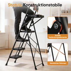 Sekey Trittleiter 4 Stufen klappbar mit Handlauf & Werkzeugablage – rutschfest, stabile Stahlkonstruktion, bis 150 kg belastbar