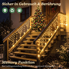 Salcar LED Lichtervorhang Sterne Warmweiß – 3 m, 128 LEDs, 8 Modi, Timer & Memory, IP44