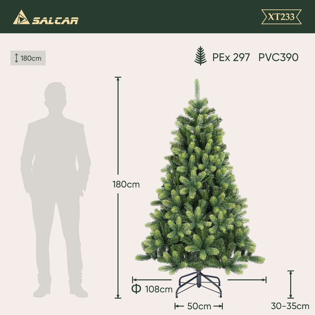 SALCAR 150 cm/180 cm/210 cm Artificial Christmas Tree – Realistic PE Round Tips, Invisible PVC Branches, Sturdy Metal Stand, Perfect for Indoor Use