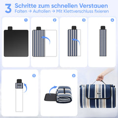 Sekey Wasserdichte Picknickdecke – Sandfeste, faltbare Strandmatte mit gepolstertem PEVA-Untergrund, tragbar für Outdoor, Camping, Strand & Wiese, Blau-Weiß-Beige Streifen Sekey