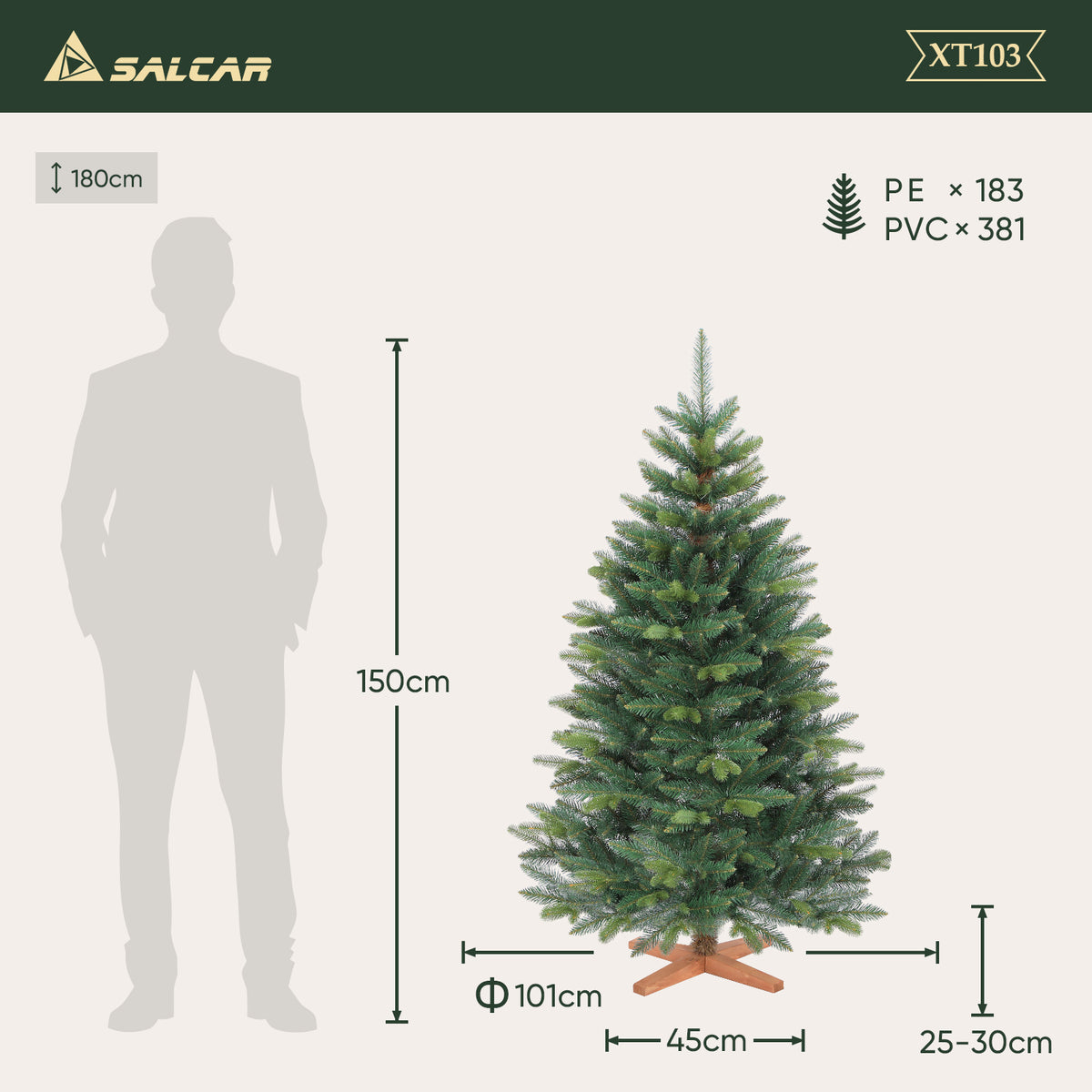 SALCAR Künstlicher Weihnachtsbaum mit Holzständer, Premium PE+PVC Tannenbaum, Realistische & Dichte Optik, Einfacher Aufbau für Innenräume