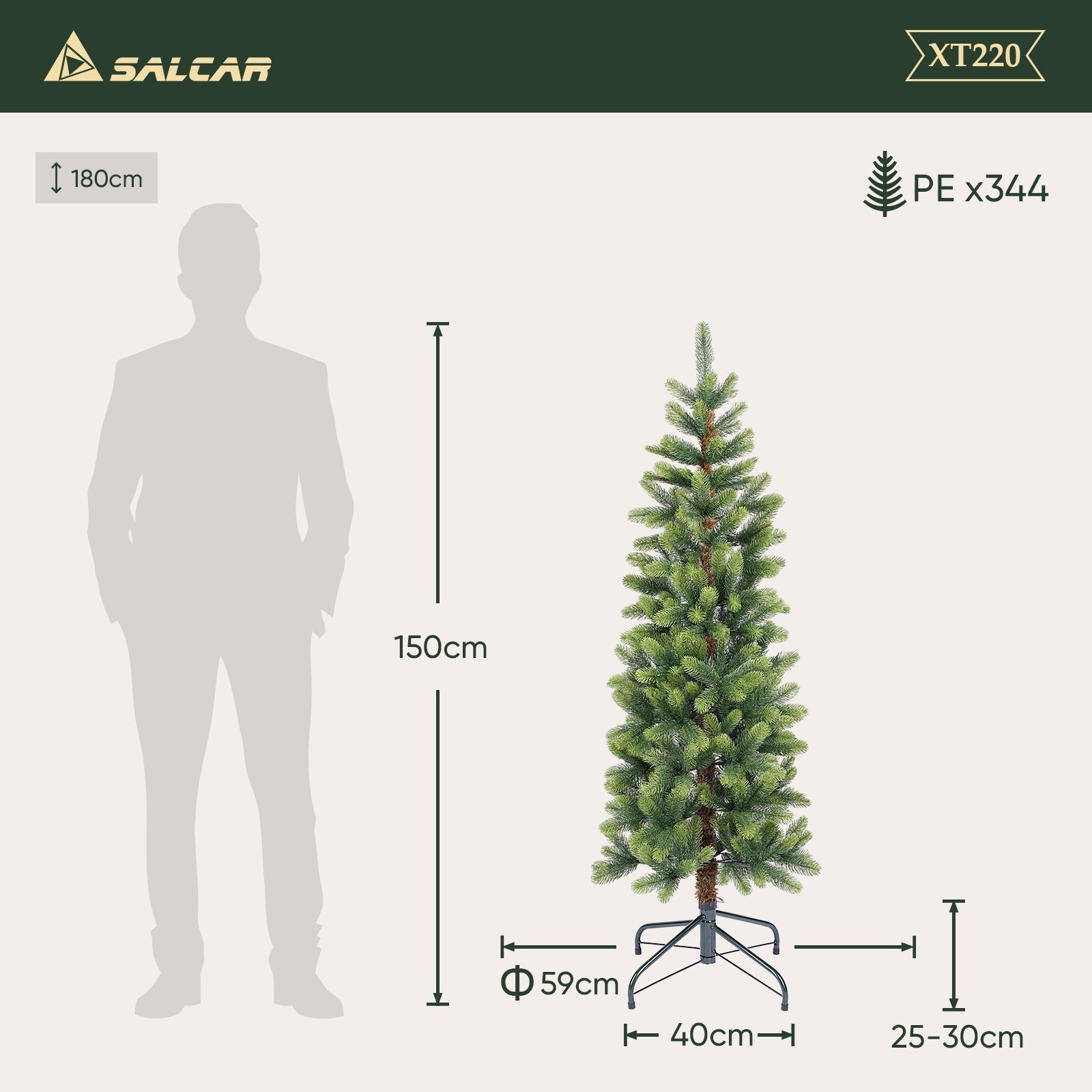 SALCAR Slim Kunst-Weihnachtsbaum 180 cm – Realistischer PE-Tannenbaum in zartgrün, 100 % Spritzguss, naturgetreu & platzsparend