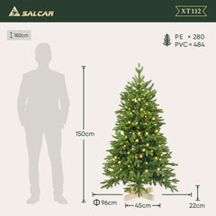 Salcar Künstlicher Weihnachtsbaum mit LED-Beleuchtung und Echtholzfuß – 120 bis 210 cm