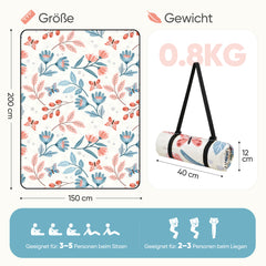 Sekey Picknickdecke Wasserdicht 200x200 cm – Sandfreie Stranddecke mit Schmetterlings- & Blumenmuster, blaue Blätter & rosa Blumen, PEVA-Unterseite & Tragegurt für Picknick, Camping und Strand