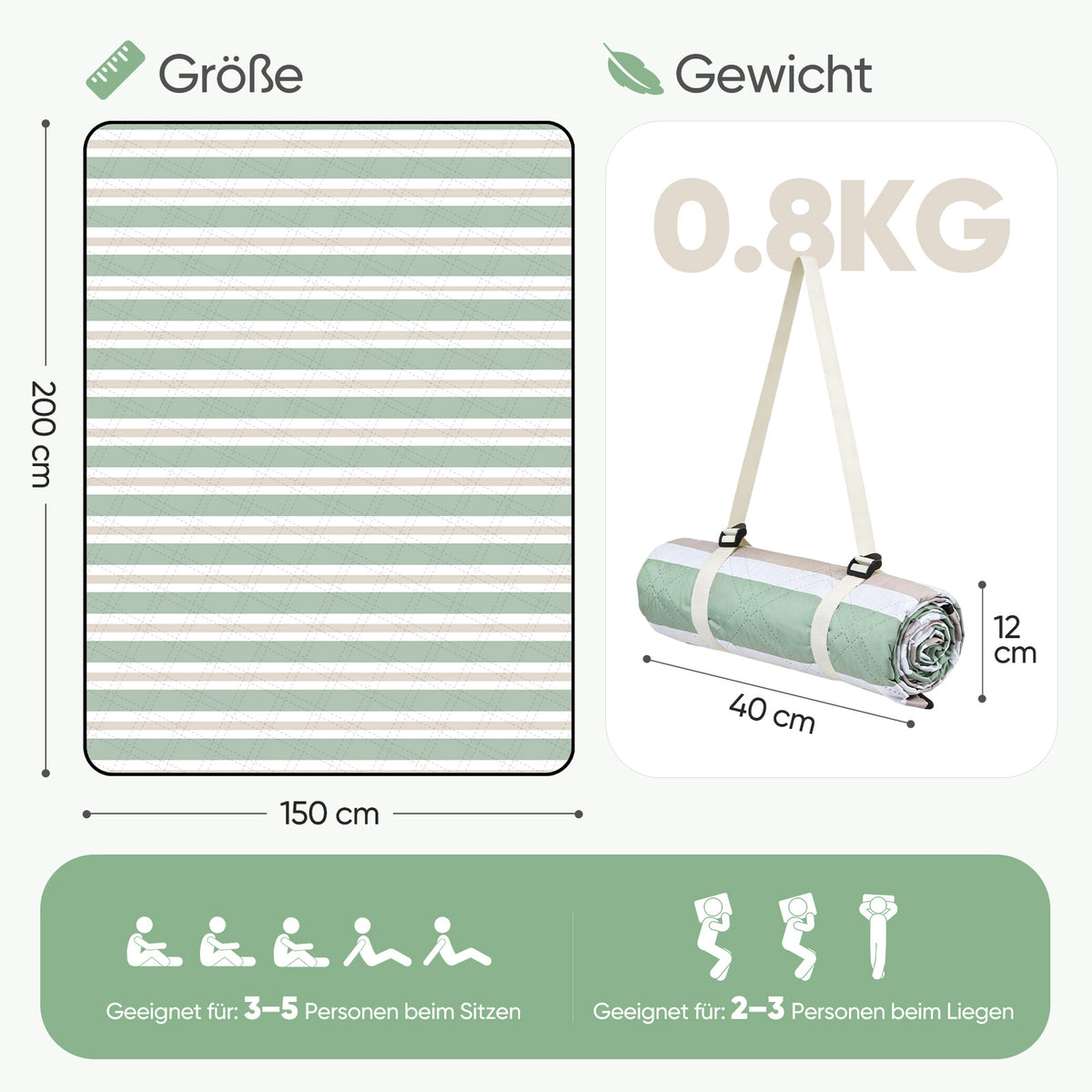 Sekey Picknickdecke Wasserdicht – Sandfreie Stranddecke mit Klassischem Streifenmuster in Hellgrün, Hellbraun & Weiß, PEVA-Unterseite & Tragegurt für Picknick, Camping und Strand