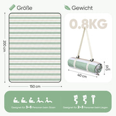 Sekey Picknickdecke Wasserdicht – Sandfreie Stranddecke mit Klassischem Streifenmuster in Hellgrün, Hellbraun & Weiß, PEVA-Unterseite & Tragegurt für Picknick, Camping und Strand