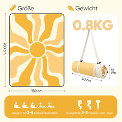 Sekey Picknickdecke Wasserdicht – Sandfreie Stranddecke mit Sonnen-Motiv, PEVA-Unterseite & Tragegurt für Picknick, Camping und Strand
