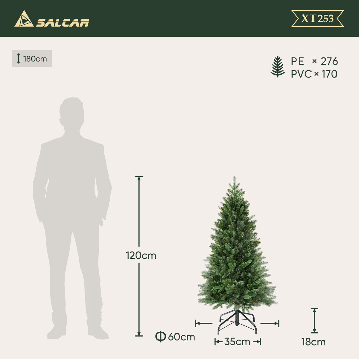 SALCAR Artificial Christmas Tree 180 cm Slim – Narrow pencil-shaped fir tree, realistic needles made of PE &amp; PVC, space-saving &amp; durable