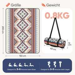 Sekey Picknickdecke Wasserdicht 200x200 cm – Sandfreie Stranddecke im Bunte Bohemian Design, PEVA-Unterseite & Tragegurt für Picknick, Camping und Strand