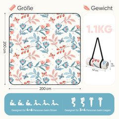 Sekey Picknickdecke Wasserdicht 200x200 cm – Sandfreie Stranddecke mit Schmetterlings- & Blumenmuster, blaue Blätter & rosa Blumen, PEVA-Unterseite & Tragegurt für Picknick, Camping und Strand