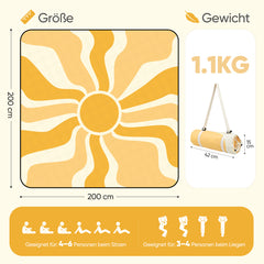 Sekey Picknickdecke Wasserdicht – Sandfreie Stranddecke mit Sonnen-Motiv, PEVA-Unterseite & Tragegurt für Picknick, Camping und Strand